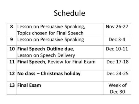 Schedule 8Lesson on Persuasive Speaking, Topics chosen for Final Speech Nov 26-27 9Lesson on Persuasive SpeakingDec 3-4 10Final Speech Outline due, Lesson.