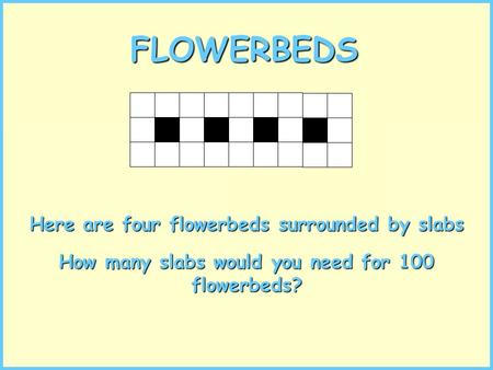 FLOWERBEDS Here are four flowerbeds surrounded by slabs How many slabs would you need for 100 flowerbeds?