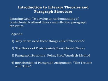 Introduction to Literary Theories and Paragraph Structure Learning Goal: To develop an understanding of postcolonial/cultural theory and effective paragraph.