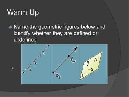 Warm Up  Name the geometric figures below and identify whether they are defined or undefined.