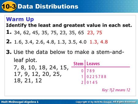 Holt McDougal Algebra 1 10-3 Data Distributions Warm Up Identify the least and greatest value in each set. 1. 2. 3. Use the data below to make a stem-and-
