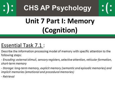 CHS AP Psychology Unit 7 Part I: Memory (Cognition) Essential Task 7.1 : Describe the information processing model of memory with specific attention to.