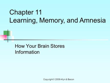Copyright © 2009 Allyn & Bacon How Your Brain Stores Information Chapter 11 Learning, Memory, and Amnesia.