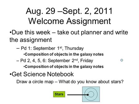 Aug. 29 –Sept. 2, 2011 Welcome Assignment Due this week – take out planner and write the assignment – Pd 1: September 1 st, Thursday Composition of objects.