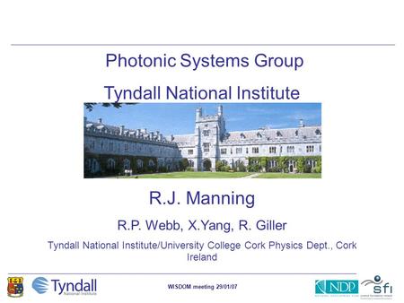 WISDOM meeting 29/01/07 Photonic Systems Group Tyndall National Institute R.J. Manning R.P. Webb, X.Yang, R. Giller Tyndall National Institute/University.