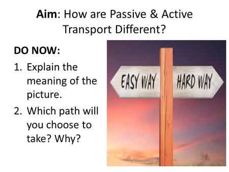 Aim: How are Passive & Active Transport Different? DO NOW: 1.Explain the meaning of the picture. 2.Which path will you choose to take? Why?