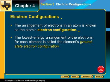Chapter 4 © Houghton Mifflin Harcourt Publishing Company Section 3 Electron Configurations Electron Configurations The arrangement of electrons in an atom.