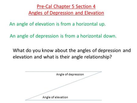 An angle of elevation is from a horizontal up. An angle of depression is from a horizontal down. Angle of elevation Angle of depression What do you know.