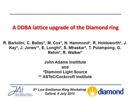 A DDBA lattice upgrade of the Diamond ring R. Bartolini, C. Bailey*, M. Cox*, N. Hammond*, R. Holdsworth*, J. Kay*, J. Jones**, E. Longhi*, S. Mhaskar*,