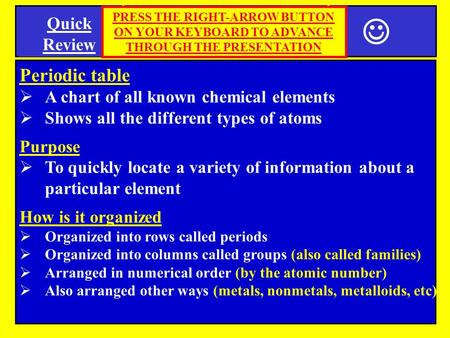 Quick Review SPI 0807.9.9 Periodic Table Periodic table  A chart of all known chemical elements  Shows all the different types of atoms Purpose  To.
