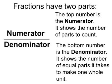 Numerator The bottom number is the Denominator. It shows the number of equal parts it takes to make one whole unit. Fractions have two parts: Denominator.