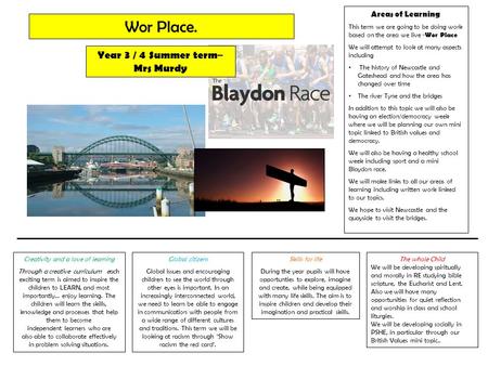 Areas of Learning This term we are going to be doing work based on the area we live - Wor Place We will attempt to look at many aspects including The history.