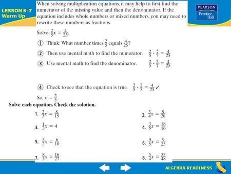 ALGEBRA READINESS LESSON 5-7 Warm Up Lesson 5-7 Warm-Up.