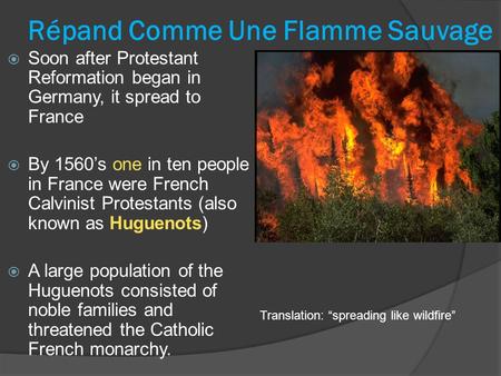 Répand Comme Une Flamme Sauvage  Soon after Protestant Reformation began in Germany, it spread to France  By 1560’s one in ten people in France were.