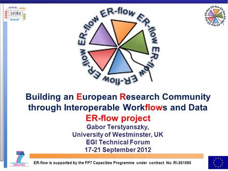 Building an European Research Community through Interoperable Workflows and Data ER-flow project Gabor Terstyanszky, University of Westminster, UK EGI.