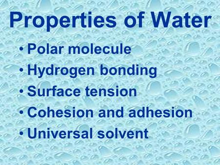 Properties of Water Polar molecule Hydrogen bonding Surface tension Cohesion and adhesion Universal solvent.
