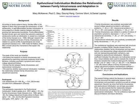 Dysfunctional Individuation Mediates the Relationship between Family Intrusiveness and Adaptation in Adolescence Mary McKeever, Paul C. Stey, Gaunqi Hang,