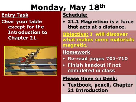 Monday, May 18 th Entry Task Clear your table except for the Introduction to Chapter 21. Schedule: 21.1 Magnetism is a force that acts at a distance.21.1.