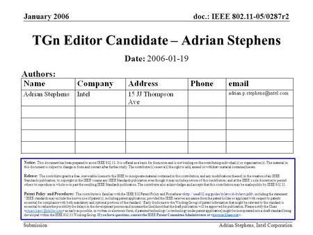 Doc.: IEEE 802.11-05/0287r2 Submission January 2006 Adrian Stephens, Intel Corporation TGn Editor Candidate – Adrian Stephens Notice: This document has.