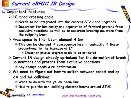 Current eRHIC IR Design  Important features  10 mrad crossing angle Needs to be integrated into the current STAR and upgrades Important for luminosity.