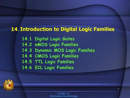EE3601-14 Electronics Circuit Design 1 14.1Digital Logic Gates 14.2nMOS Logic Families 14.3Dynamic MOS Logic Families 14.4CMOS Logic Families 14.5TTL Logic.