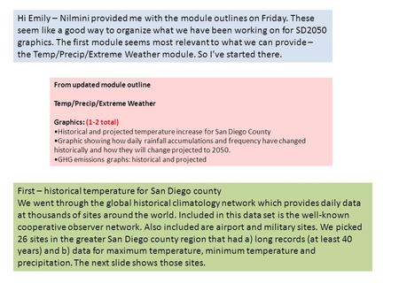 From updated module outline Temp/Precip/Extreme Weather Graphics: (1-2 total) Historical and projected temperature increase for San Diego County Graphic.