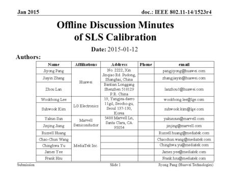 Doc.: IEEE 802.11-14/1523r4 Submission Offline Discussion Minutes of SLS Calibration Date: 2015-01-12 Authors: Slide 1 Jan 2015 Jiyong Pang (Huawei Technologies)