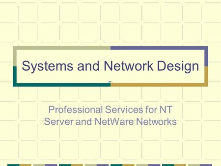Systems and Network Design Professional Services for NT Server and NetWare Networks.