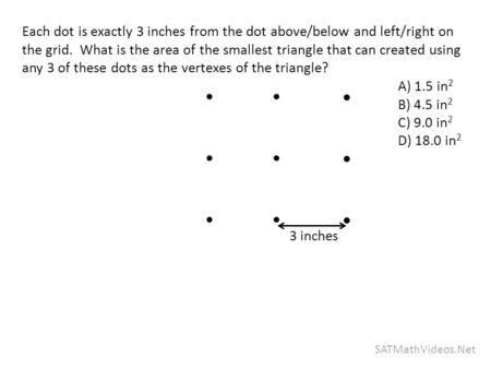 SATMathVideos.Net Each dot is exactly 3 inches from the dot above/below and left/right on the grid. What is the area of the smallest triangle that can.