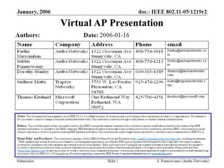 Doc.: IEEE 802.11-05/1219r2 Submission January, 2006 S. Ponnuswamy (Aruba Networks)Slide 1 Virtual AP Presentation Notice: This document has been prepared.