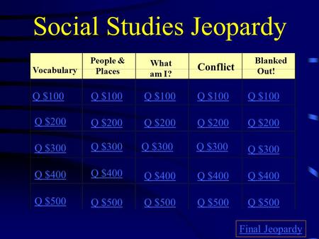 Social Studies Jeopardy Vocabulary People & Places What am I? Conflict Blanked Out! Q $100 Q $200 Q $300 Q $400 Q $500 Q $100 Q $200 Q $300 Q $400 Q $500.