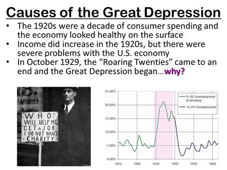 Causes of the Great Depression The 1920s were a decade of consumer spending and the economy looked healthy on the surface Income did increase in the 1920s,