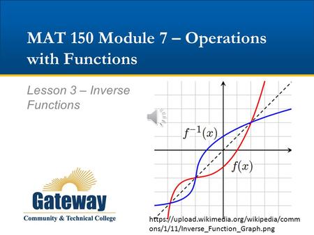 MAT 150 Module 7 – Operations with Functions Lesson 3 – Inverse Functions https://upload.wikimedia.org/wikipedia/comm ons/1/11/Inverse_Function_Graph.png.