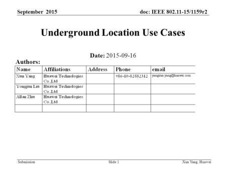 Submission September 2015doc: IEEE 802.11-15/1159r2 Xun Yang, HuaweiSlide 1 Underground Location Use Cases Date: 2015-09-16 Authors: