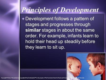 Principles of Development  Development follows a pattern of stages and progresses through similar stages in about the same order. For example, infants.