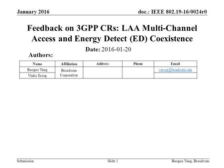 Doc.: IEEE 802.19-16/0024r0 Submission Feedback on 3GPP CRs: LAA Multi-Channel Access and Energy Detect (ED) Coexistence Slide 1 Date: 2016-01-20 Authors: