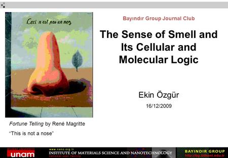 Fortune Telling by René Magritte “This is not a nose” Bayındır Group Journal Club The Sense of Smell and Its Cellular and Molecular Logic Ekin Özgür 16/12/2009.