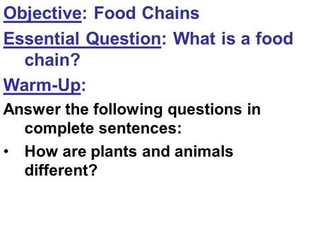Objective: Food Chains Essential Question: What is a food chain? Warm-Up: Answer the following questions in complete sentences: How are plants and animals.
