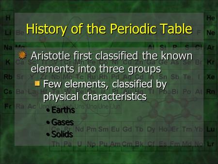 History of the Periodic Table Aristotle first classified the known elements into three groups Few elements, classified by physical characteristics Earths.