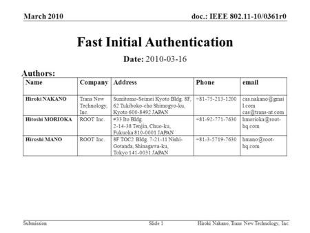 Doc.: IEEE 802.11-10/0361r0 Submission March 2010 Hiroki Nakano, Trans New Technology, Inc.Slide 1 Fast Initial Authentication Date: 2010-03-16 Authors: