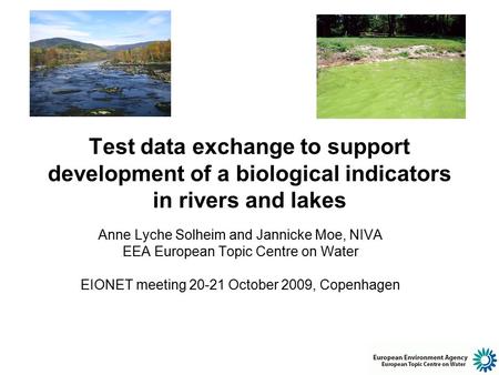 Test data exchange to support development of a biological indicators in rivers and lakes Anne Lyche Solheim and Jannicke Moe, NIVA EEA European Topic Centre.