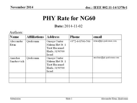 PHY Rate for NG60 Date: Authors: November 2014