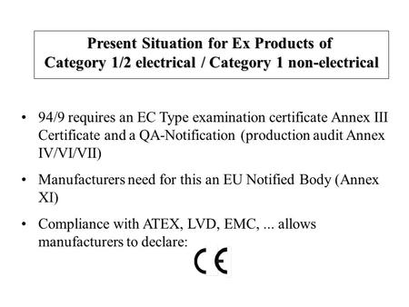 94/9 requires an EC Type examination certificate Annex III Certificate and a QA-Notification (production audit Annex IV/VI/VII) Manufacturers need for.