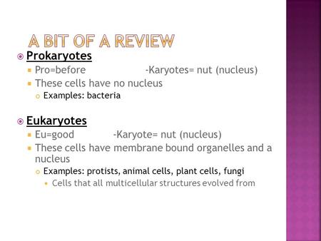  Prokaryotes  Pro=before-Karyotes= nut (nucleus)  These cells have no nucleus Examples: bacteria  Eukaryotes  Eu=good-Karyote= nut (nucleus)  These.