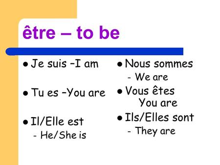 Être – to be Je suis –I am Tu es –You are Il/Elle est – He/She is Nous sommes – We are Vous êtes You are Ils/Elles sont – They are.