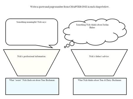 Write a quote and page number from CHAPTER ONE in each shape below.