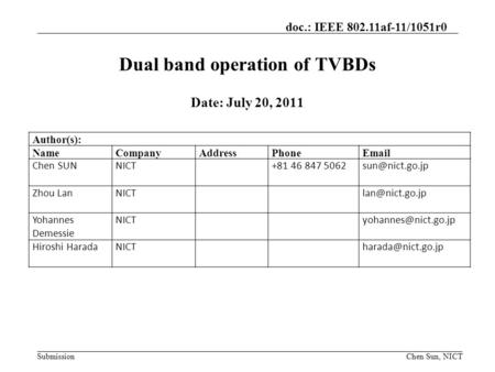 Submission doc.: IEEE 802.11af-11/1051r0 Dual band operation of TVBDs Date: July 20, 2011 Chen Sun, NICT Author(s): NameCompanyAddressPhoneEmail Chen SUNNICT+81.