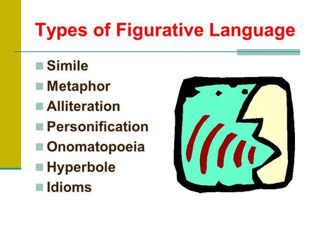 Types of Figurative Language Simile Metaphor Alliteration Personification Onomatopoeia Hyperbole Idioms.