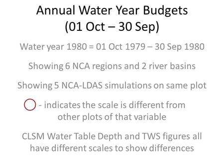 Annual Water Year Budgets (01 Oct – 30 Sep) Water year 1980 = 01 Oct 1979 – 30 Sep 1980 Showing 6 NCA regions and 2 river basins Showing 5 NCA-LDAS simulations.