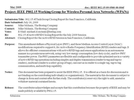 Doc.: IEEE 802.15-09-0560-00-004f Submission May 2009 Mike McInnis, The Boeing Company Project: IEEE P802.15 Working Group for Wireless Personal Area Networks.